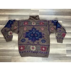 VTG 80’s Women Outback Red Wool Chunky Sweater Multi S Folk Art Boho Eclectic